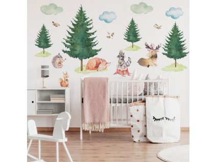 Detská nálepka na stenu Forest team - obláčiky, zvieratká a stromy