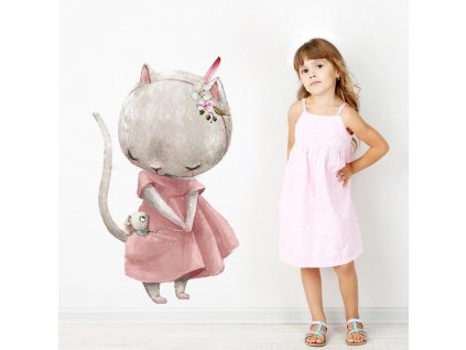 Detská nálepka na stenu Mačka v ružovej sukni