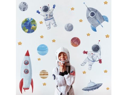 Detská nálepka na stenu Solar system - planéty, astronauti, rakety a UFO