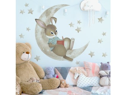 Detská nálepka na stenu Zajačik na mesiaci s knihou