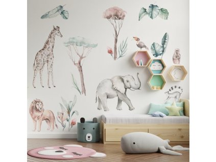 Detská nálepka na stenu Savanna - slon, lev, žirafa, opica