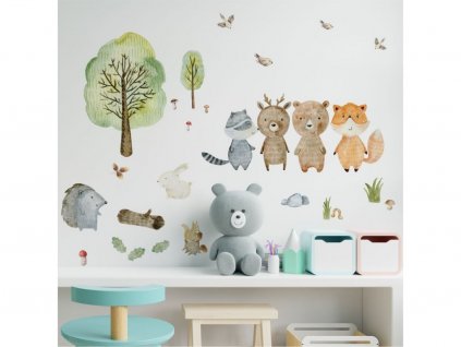 Detská nálepka na stenu Lesný svet - medvedík, jelenček, líška a ježko