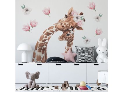 Detská nálepka na stenu Giraffes - žirafy s kvetmi