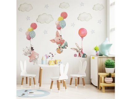 Detská nálepka na stenu Zvieratká s balónmi v oblakoch