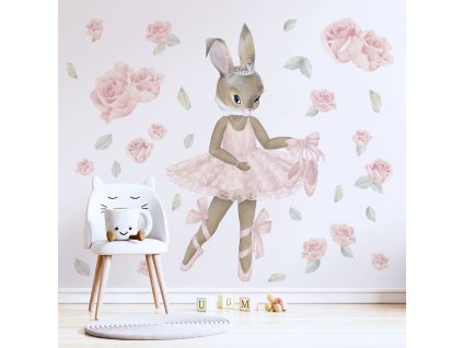 Detská nálepka na stenu Pastel bunnies  zajačik baletka a ruže