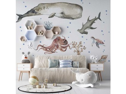 Detská nálepka na stenu Ocean - veľryba, chobotnica, žralok a korytnačka