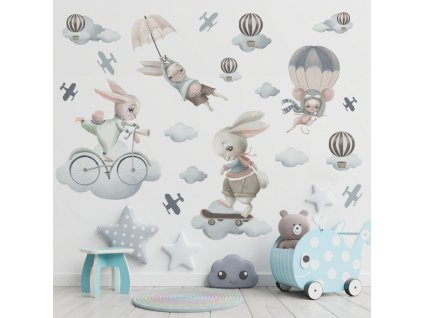Detská nálepka na stenu Pastelové zajačiky na obláčikoch