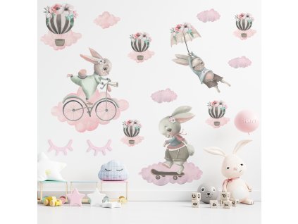 Detská nálepka na stenu Pastelovo ružové zajačiky na obláčikoch