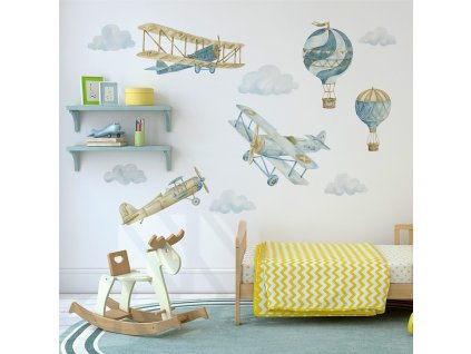 Detská nálepka na stenu Retro balloons and airplanes - oblaky, tri lietadlá a dva balóny