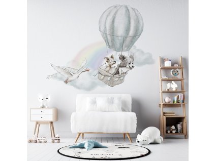 Detská nálepka na stenu Adventure in the sky - psíky v balóne a hus