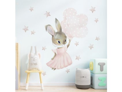 Detská nálepka na stenu Pastel bunnies - zajačik s balónmi