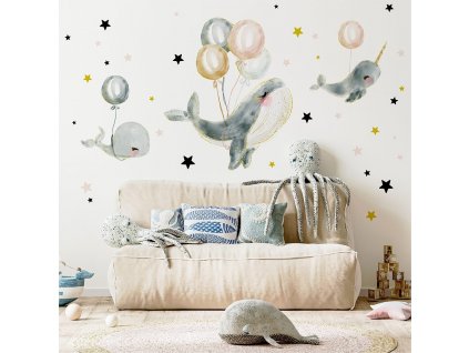 Detská nálepka na stenu Magic ocean - modré veľryby s balónmi