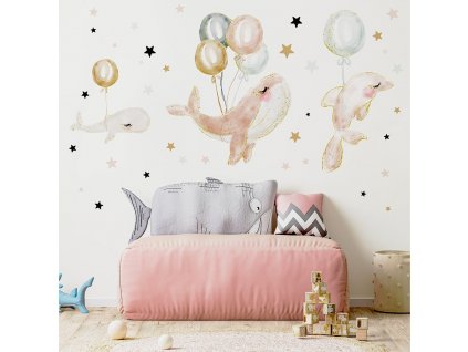 Detská nálepka na stenu Magic ocean - ružové veľryby s balónmi