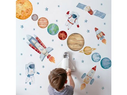 Detská nálepka na stenu Solar system - planéty, astronauti, satelit a rakety