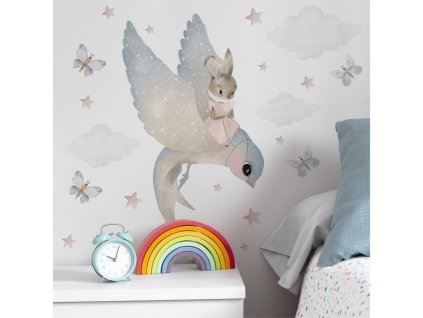 Detská nálepka na stenu Pastel bunnies - zajačik a lastovička