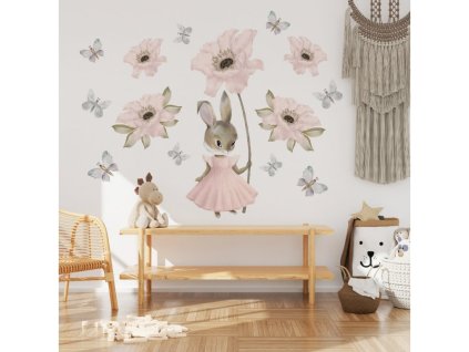 Detská nálepka na stenu Pastel bunnies - zajačik, kvety a motýle