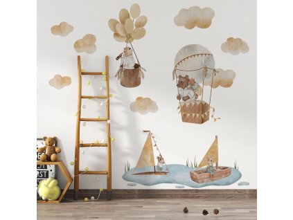 Detská nálepka na stenu Magical animals - zvieratká v balónoch a na loďkách