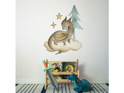 Detská nálepka na stenu The world of dragons - drak na obláčiku a strom