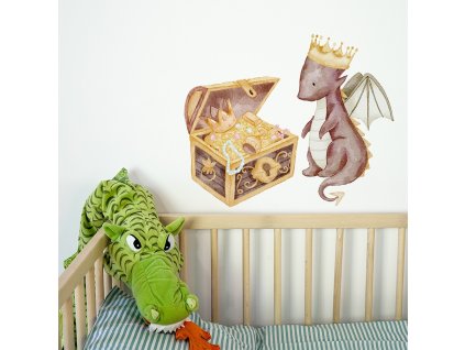 Detská nálepka na stenu The world of dragons - drak s korunou a pokladom