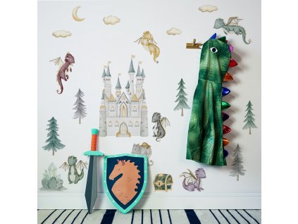 Detská nálepka na stenu The world of dragons - draci, vajíčka, zámok, poklad a diamanty