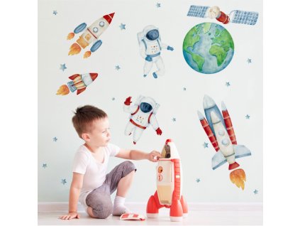 Detská nálepka na stenu Solar system - Zem, astronauti, satelit a rakety