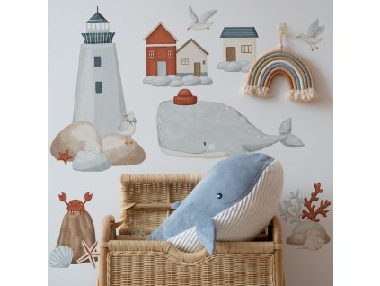 Detská nálepka na stenu Sea voyage - maják, domčeky a veľryba