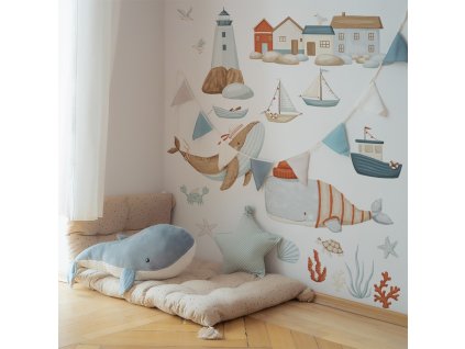 Detská nálepka na stenu Sea voyage - veľryby a domčeky
