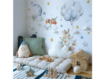 Detská nálepka na stenu Tiny world - zajačik s balónmi a tigrík na obláčiku