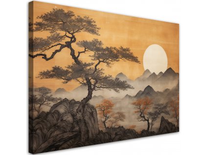 Obraz na plátne Japonská horská krajina a stromy