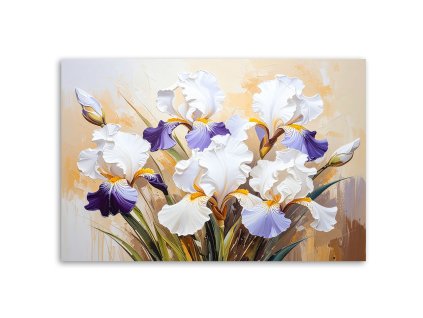 Obraz na plátne Biele kosatce Kvety na abstraktnom béžovom pozadí (Rozmery 90 x 60 cm)