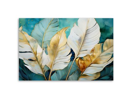 Obraz na plátne Biele zlaté tyrkysové banánové listy (Rozmery 120 x 80 cm)