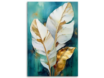 Obraz na plátne Bielo-zlaté listy na tyrkysovom podklade (Rozmery 80 x 120 cm)