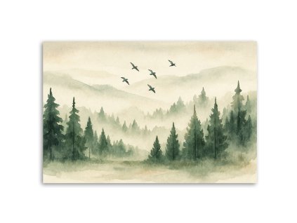 Obraz na plátne Les Hory Vtáky Akvarel Zelená Príroda (Rozmery 90 x 60 cm)