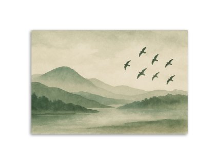 Obraz na plátne Hory Rieka Vtáky Akvarel Zelená Hmla (Rozmery 90 x 60 cm)