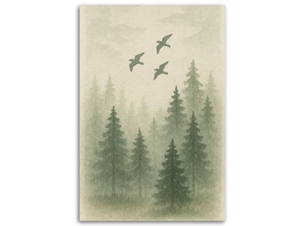 Obraz na plátne Borovice Vtáky Les Akvarel Zelená Prírodná (Rozmery 80 x 120 cm)