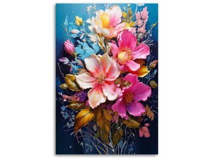 Obraz na plátne Kvety Kytica Olejomaľba Modré pozadie (Rozmery 80 x 120 cm)