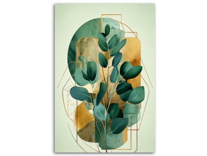 Obraz na plátne Vetvička listy geometrické zelené zlaté abstrakcia (Rozmery 80 x 120 cm)