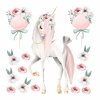 Detská nálepka na stenu Pastel unicorns - jednorožec, biele a červené kvety s balónmi