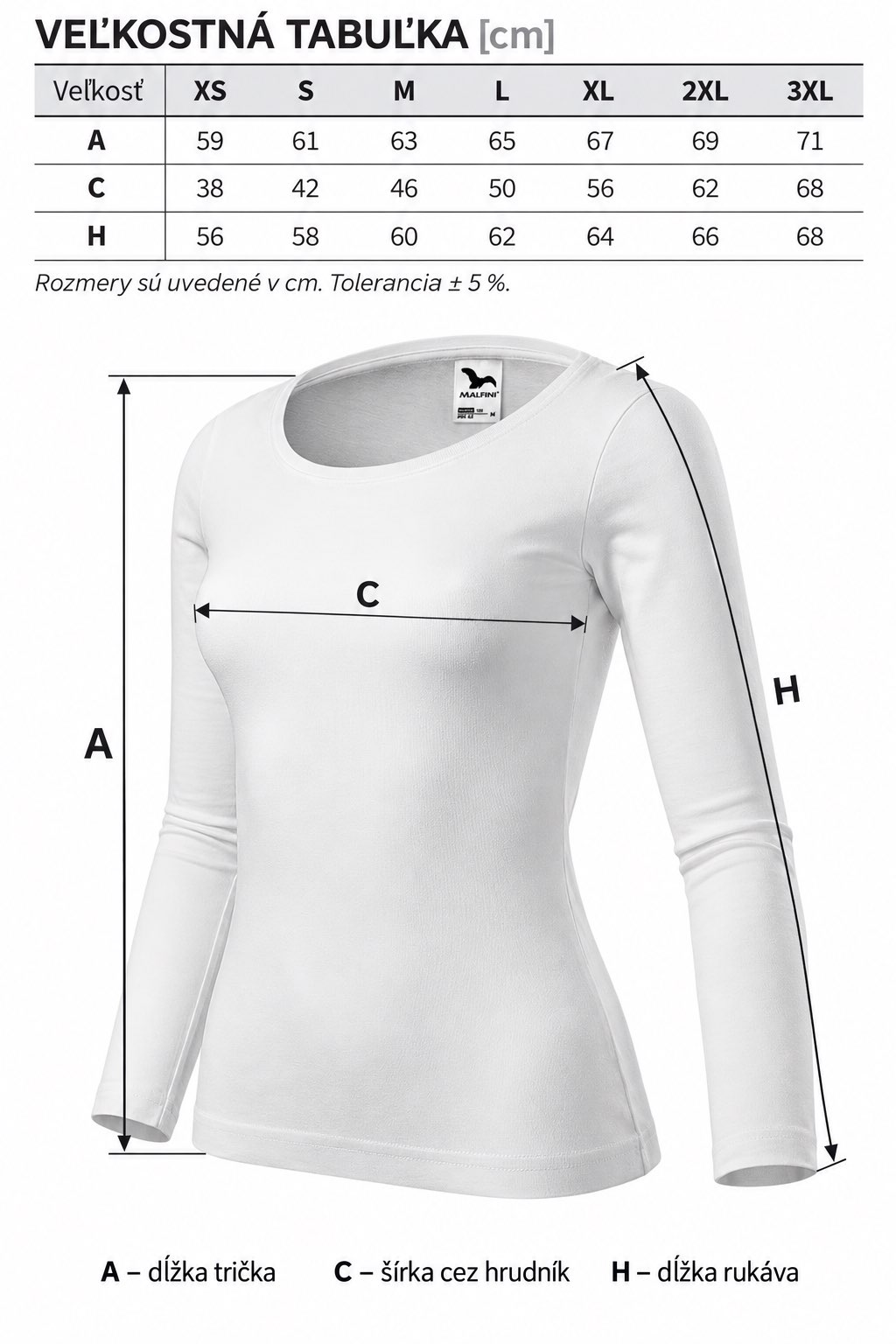Veľkostná tabuľka MALFINI Fit-T LS 169 – rozmery A, C a H v centimetroch, veľkosti XS až 3XL