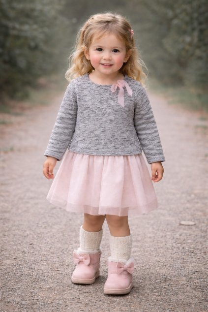 Dievčatko v šedo-ružových šatách Breeze na prechádzke