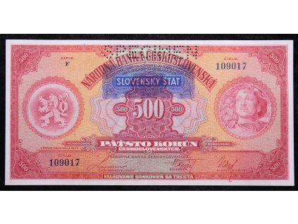 B072 VN 43 500 Kč 1929 přetisk SLOVENSKÝ ŠTÁT (1)