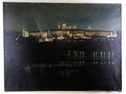 Olej na platně Noční Praha Pražský hrad v noci Hradčany Adolf Seidl (2)