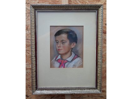 Obraz portrét chlapec - křída nebo pastel - signováno - zaskleno