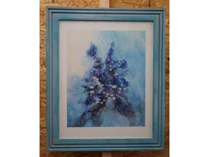 Obraz modré květiny - reprodukce - signováno - zaskleno
