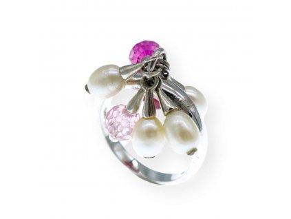 Stříbrný prstýnek růžovými kamínky a perleťovými kamínky