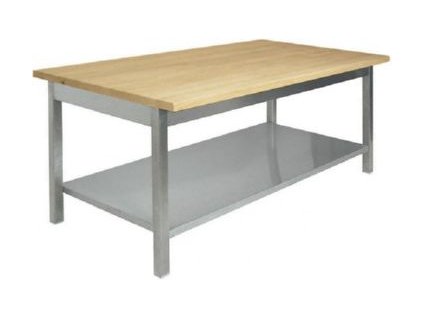Nerezový stůl s dřevěnou deskou a policí 180x60x85cm