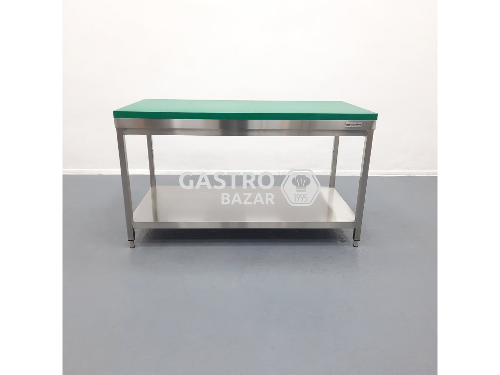 Nerezový pracovní stůl PREMIUM - 1,6 m - s podnoží - včetně krájecí desky v zelené barvě