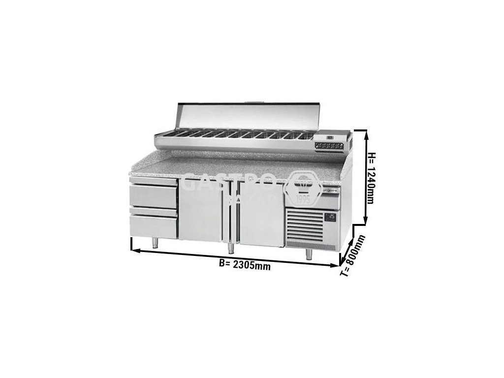 Refrigerated Pizza Prep Counter PREMIUM – Granite Top – 2 Doors – 2305×800 mm – with Stainless Display Unit (2–6°C)