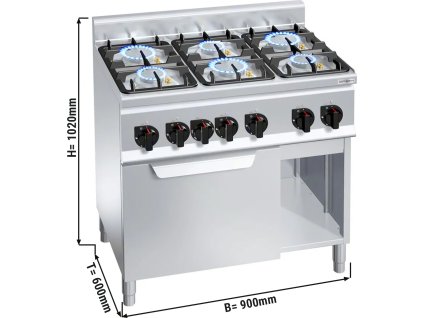 Plynový sporák 6 hořáků (28,5 kW) + plynová trouba (3,5 kW)