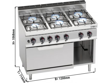 Plynový sporák 6x horák (33,5 kW) + statická elektrická rúra (7,5 kW)